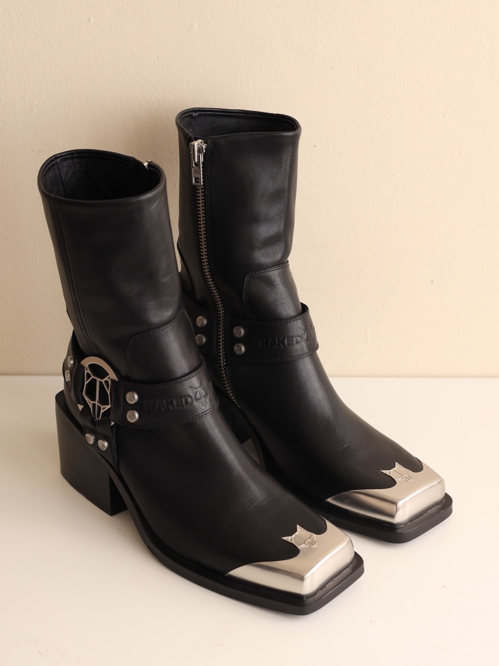 Naked Wolfe Black Leather Western Boots with Silver Toe Caps
